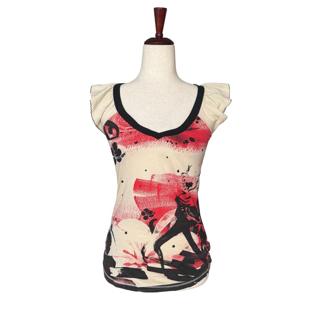 Y2K Style Flutter Sleeve Graphic Top Womens 8 Ruched Sides V Neck Miss Selfridge